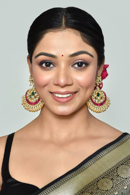 Shop_Vivinia By Vidhi Mehra_Pink Stones, Pearls Kundan Polki Embellished Chandbalis _Online_at_Aza_Fashions