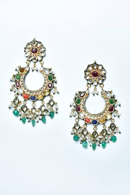 Buy_Vivinia By Vidhi Mehra_Multi Color Diamonds, Stones Navratna Embellished Chandbalis _Online_at_Aza_Fashions