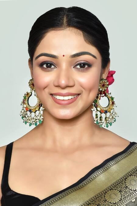 Shop_Vivinia By Vidhi Mehra_Multi Color Diamonds, Stones Navratna Embellished Chandbalis _Online_at_Aza_Fashions