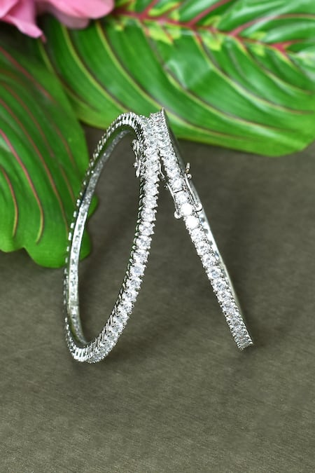 Shop_Vivinia By Vidhi Mehra_Silver Plated Imitation Diamonds Zircon Studded Bangles - Set Of 2 _at_Aza_Fashions