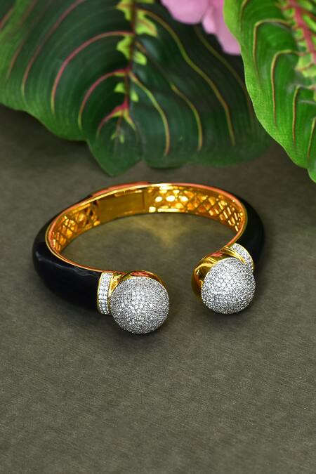 Shop_Vivinia By Vidhi Mehra_Black Zari Zircon Diamonds Studded Open Bangle _at_Aza_Fashions