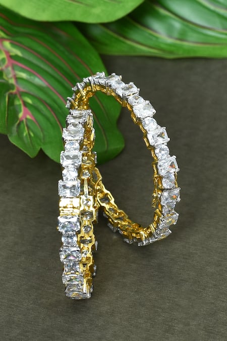 Shop_Vivinia By Vidhi Mehra_Gold Plated Imitation Diamonds Studded Zircon Bangles - Set Of 2 _at_Aza_Fashions