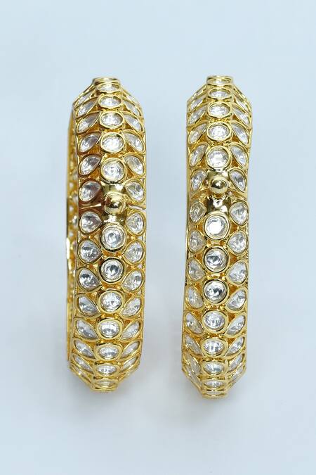 Shop_Vivinia By Vidhi Mehra_Gold Plated Crystals Kundan Polki Stones Embellished Bangles - Set Of 2 _Online_at_Aza_Fashions