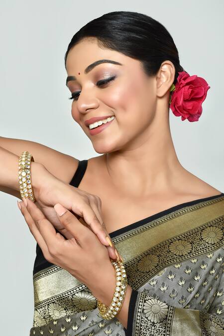 Vivinia By Vidhi Mehra_Gold Plated Crystals Kundan Polki Stones Embellished Bangles - Set Of 2 _at_Aza_Fashions