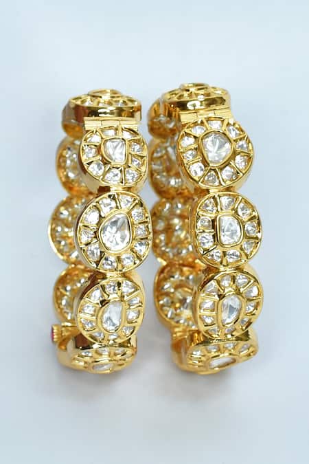 Shop_Vivinia By Vidhi Mehra_Gold Plated Crystals Embellished Kundan Polki Stones Bangles - Set Of 2 _Online_at_Aza_Fashions