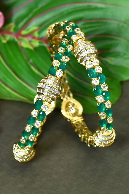 Shop_Vivinia By Vidhi Mehra_Green Stones Onyx Embellished Bangles - Set Of 2 _at_Aza_Fashions