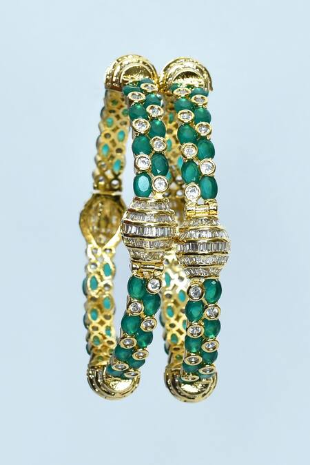 Shop_Vivinia By Vidhi Mehra_Green Stones Onyx Embellished Bangles - Set Of 2 _Online_at_Aza_Fashions