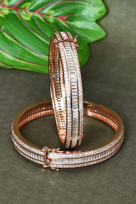 Shop_Vivinia By Vidhi Mehra_Gold Plated Zari Embellished Zircon Diamonds Bangles - Set Of 2 _at_Aza_Fashions