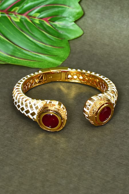 Shop_Vivinia By Vidhi Mehra_Red Ruby Stone Embellished Open Bangle _at_Aza_Fashions