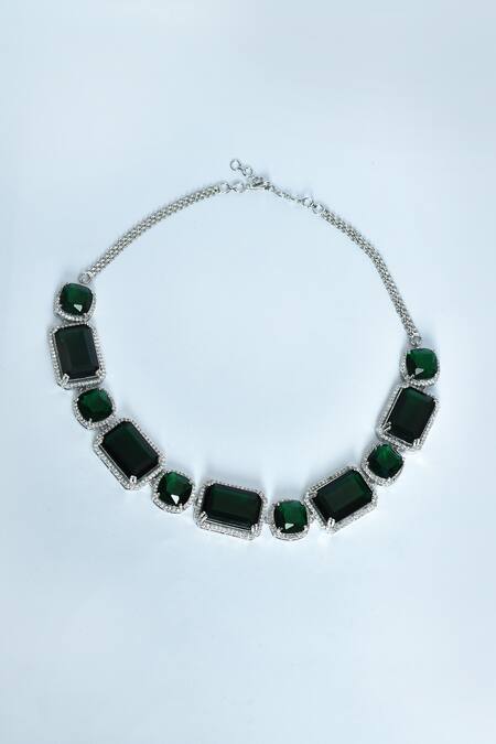 Vivinia By Vidhi Mehra_Green Diamonds, Stones Emerald Embellished Necklace Set _Online_at_Aza_Fashions