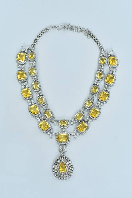 Vivinia By Vidhi Mehra_Yellow Stones Embellished Layered Necklace Set _Online_at_Aza_Fashions