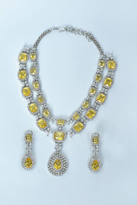 Buy_Vivinia By Vidhi Mehra_Yellow Stones Embellished Layered Necklace Set _Online_at_Aza_Fashions