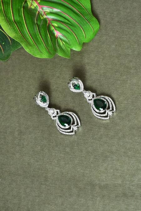Shop Vivinia By Vidhi Mehra Green Zari Zircon Diamonds Studded Dangler Earrings at Aza Fashions Shop_Vivinia By Vidhi Mehra_Green Zari Zircon Diamonds Studded Dangler Earrings _at_Aza_Fashions