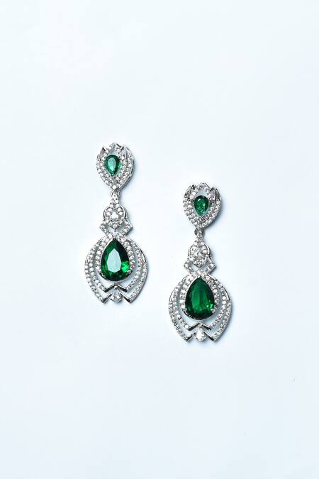 Vivinia By Vidhi Mehra Green Zari Zircon Diamonds Studded Dangler Earrings Online at Aza Fashions Vivinia By Vidhi Mehra_Green Zari Zircon Diamonds Studded Dangler Earrings _Online_at_Aza_Fashions