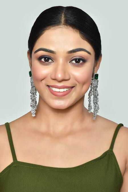 Shop_Vivinia By Vidhi Mehra_Green Zari Zircon Diamonds Studded Long Earrings_Online_at_Aza_Fashions