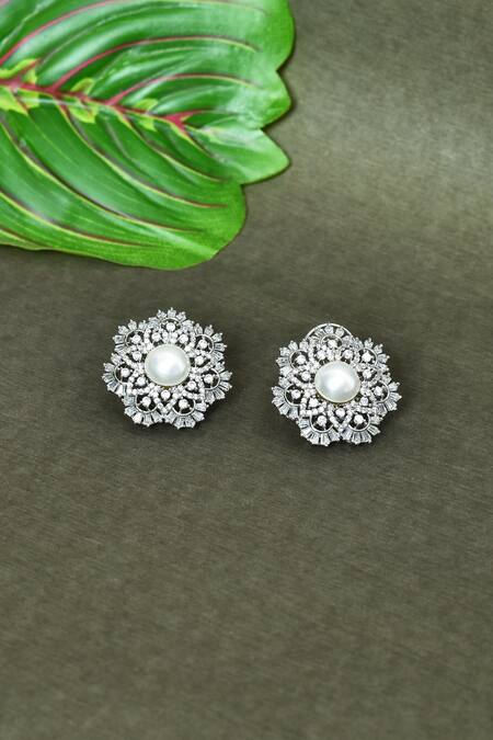 Shop_Vivinia By Vidhi Mehra_White Zari, Diamonds, Pearls Embellished Stud Earrings _at_Aza_Fashions