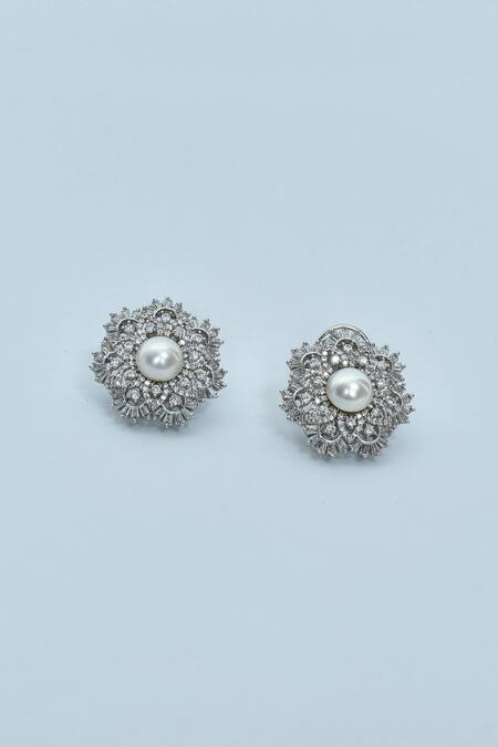 Vivinia By Vidhi Mehra_White Zari, Diamonds, Pearls Embellished Stud Earrings _Online_at_Aza_Fashions