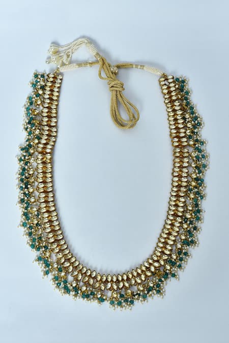 Vivinia By Vidhi Mehra_Gold Kundan Navratna Stone And Pearl Drop Necklace _Online_at_Aza_Fashions
