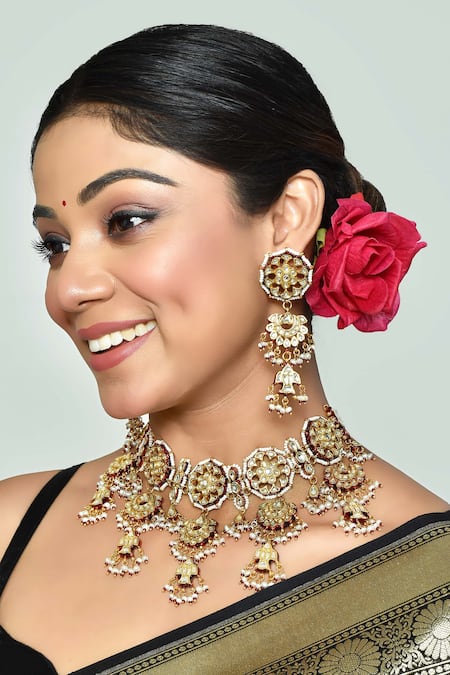 Vivinia By Vidhi Mehra Maroon Crystals, Stones Kundan Embellished Choker Necklace Set 