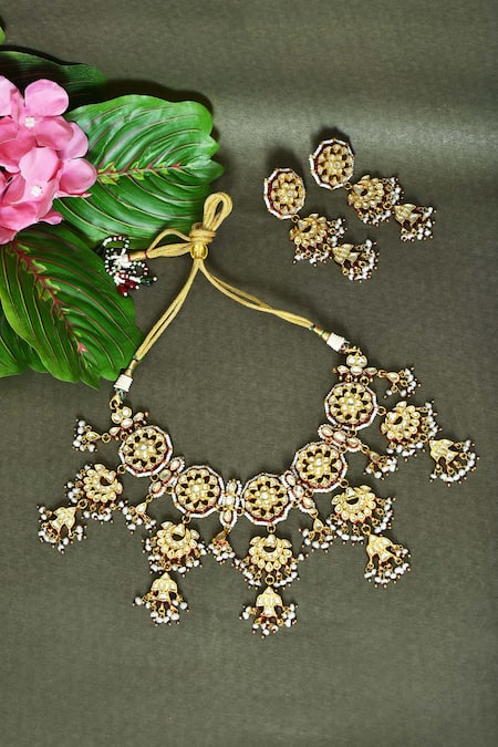 Shop_Vivinia By Vidhi Mehra_Maroon Crystals, Stones Kundan Embellished Choker Necklace Set _at_Aza_Fashions