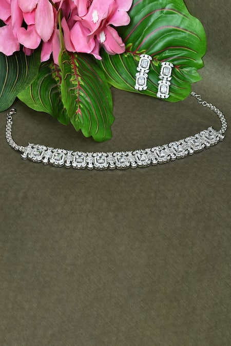 Shop_Vivinia By Vidhi Mehra_Silver Plated Diamonds, Stones Zircon Studded Necklace Set _at_Aza_Fashions