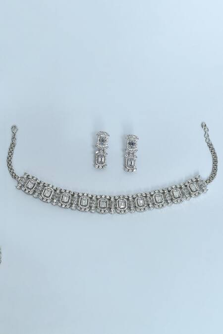 Buy_Vivinia By Vidhi Mehra_Silver Plated Diamonds, Stones Zircon Studded Necklace Set _Online_at_Aza_Fashions