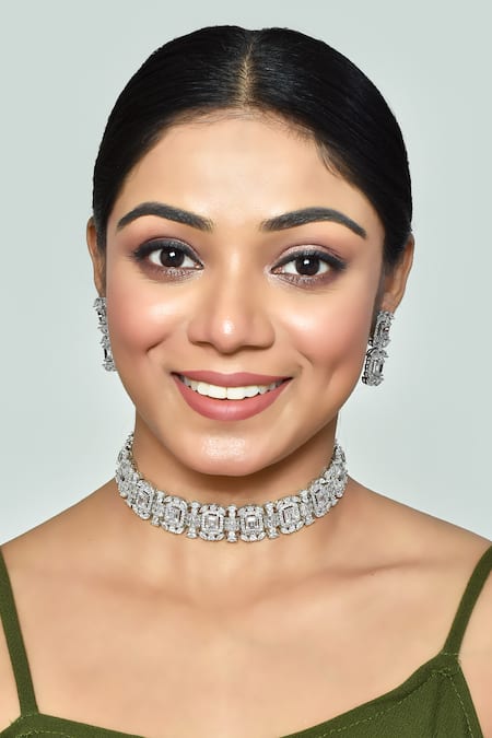 Vivinia By Vidhi Mehra_Silver Plated Diamonds, Stones Zircon Studded Necklace Set _at_Aza_Fashions