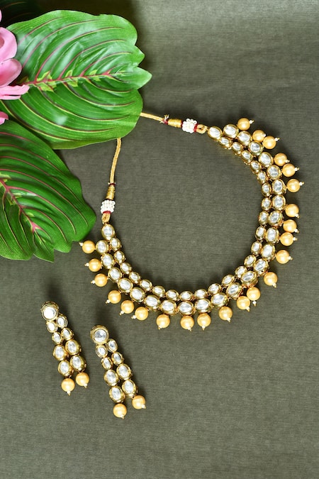 Shop_Vivinia By Vidhi Mehra_Gold Plated Diamonds, Pearls Kundan Polki And Embellished Choker Necklace Set _at_Aza_Fashions