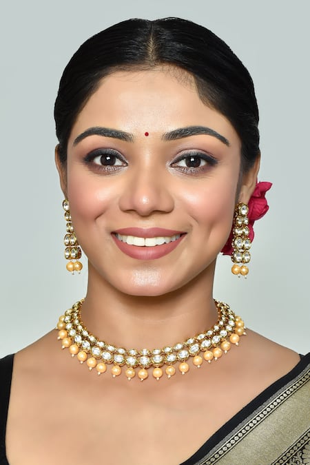 Vivinia By Vidhi Mehra_Gold Plated Diamonds, Pearls Kundan Polki And Embellished Choker Necklace Set _at_Aza_Fashions