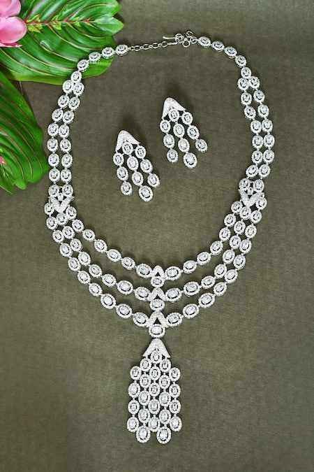 Shop_Vivinia By Vidhi Mehra_Silver Plated Imitation Diamonds Zircon Studded Long Necklace Set _at_Aza_Fashions