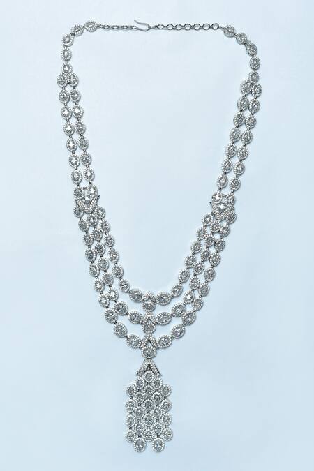 Vivinia By Vidhi Mehra_Silver Plated Imitation Diamonds Zircon Studded Long Necklace Set _Online_at_Aza_Fashions