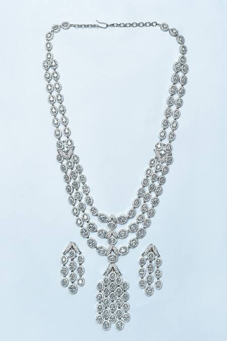Buy_Vivinia By Vidhi Mehra_Silver Plated Imitation Diamonds Zircon Studded Long Necklace Set _Online_at_Aza_Fashions