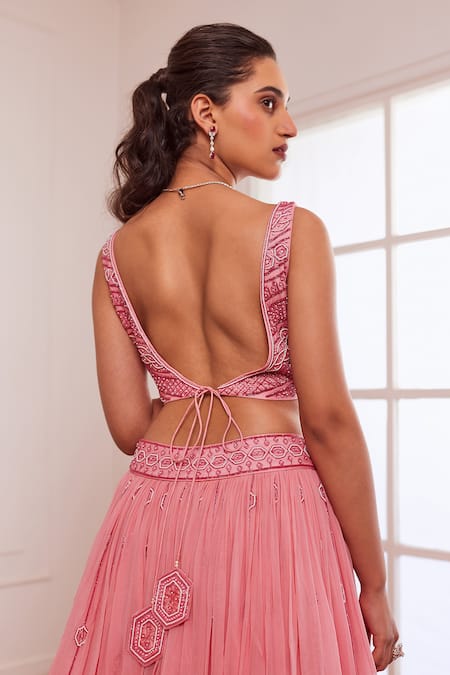 Shop Sonal Pasrija Pink Net, Georgette, Silk Embroidery, Pearls, Tassels Bandeau Ombre Lehenga Set at Aza Fashions Shop_Sonal Pasrija_Pink Net, Georgette, Silk Embroidery, Pearls, Tassels Bandeau Ombre Lehenga Set _at_Aza_Fashions