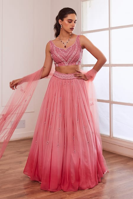 Sonal Pasrija Pink Net, Georgette, Silk Embroidery, Pearls, Tassels Bandeau Ombre Lehenga Set Online at Aza Fashions Sonal Pasrija_Pink Net, Georgette, Silk Embroidery, Pearls, Tassels Bandeau Ombre Lehenga Set _Online_at_Aza_Fashions