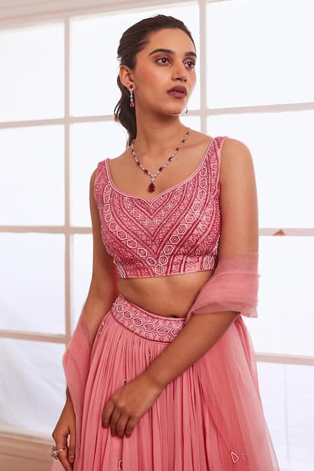 Buy Sonal Pasrija Pink Net, Georgette, Silk Embroidery, Pearls, Tassels Bandeau Ombre Lehenga Set Online at Aza Fashions Buy_Sonal Pasrija_Pink Net, Georgette, Silk Embroidery, Pearls, Tassels Bandeau Ombre Lehenga Set _Online_at_Aza_Fashions