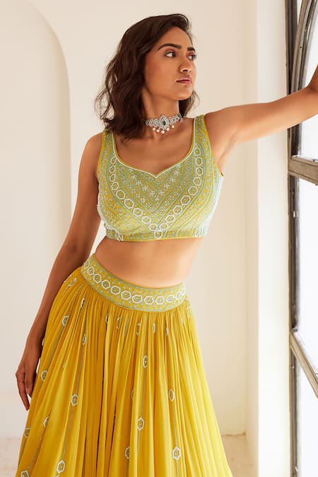 Buy_Sonal Pasrija_Yellow Net, Georgette, Silk Tassels, Embroidery, Pearls, Cut Ombre Lehenga Set _Online_at_Aza_Fashions
