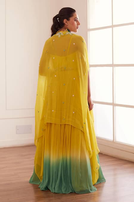 Shop Sonal Pasrija Yellow Silk, Georgette, Viscose Pearls, Embroidered Cape Ombre Lehenga Set at Aza Fashions Shop_Sonal Pasrija_Yellow Silk, Georgette, Viscose Pearls, Embroidered Cape Ombre Lehenga Set _at_Aza_Fashions