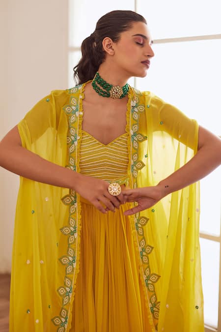 Sonal Pasrija Yellow Silk, Georgette, Viscose Pearls, Embroidered Cape Ombre Lehenga Set Online at Aza Fashions Sonal Pasrija_Yellow Silk, Georgette, Viscose Pearls, Embroidered Cape Ombre Lehenga Set _Online_at_Aza_Fashions