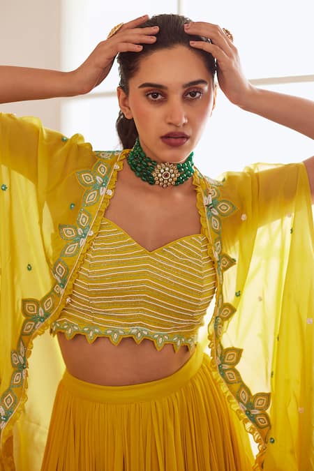 Buy Sonal Pasrija Yellow Silk, Georgette, Viscose Pearls, Embroidered Cape Ombre Lehenga Set Online at Aza Fashions Buy_Sonal Pasrija_Yellow Silk, Georgette, Viscose Pearls, Embroidered Cape Ombre Lehenga Set _Online_at_Aza_Fashions