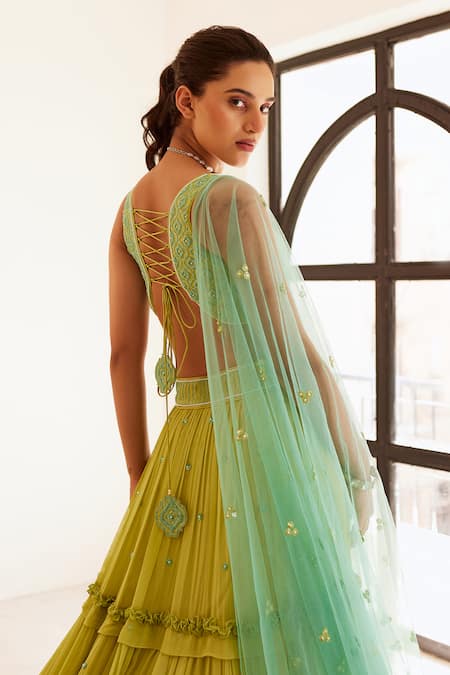 Shop Sonal Pasrija Green Georgette, Net, Silk, Linen Pearls, Tiered Lehenga Embroidered Blouse Set at Aza Fashions Shop_Sonal Pasrija_Green Georgette, Net, Silk, Linen Pearls, Tiered Lehenga Embroidered Blouse Set _at_Aza_Fashions
