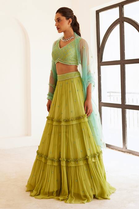 Buy Sonal Pasrija Green Georgette, Net, Silk, Linen Pearls, Tiered Lehenga Embroidered Blouse Set Online at Aza Fashions Buy_Sonal Pasrija_Green Georgette, Net, Silk, Linen Pearls, Tiered Lehenga Embroidered Blouse Set _Online_at_Aza_Fashions