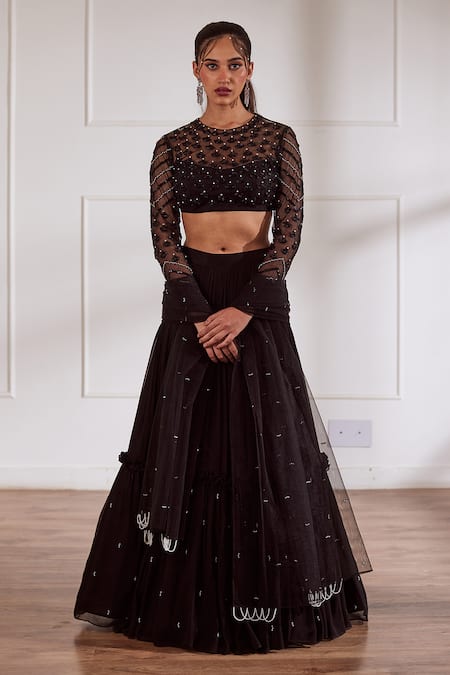 Buy Black Georgette Embroidered Pearl And Cut Dana Blouse Tiered Lehenga  Set For Women by Sonal Pasrija Online at Aza Fashions.
