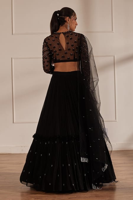 Shop Sonal Pasrija Black Georgette, Net Pearls Round Neck Embroidered Blouse Tiered Lehenga Set at Aza Fashions Shop_Sonal Pasrija_Black Georgette, Net Pearls Round Neck Embroidered Blouse Tiered Lehenga Set _at_Aza_Fashions