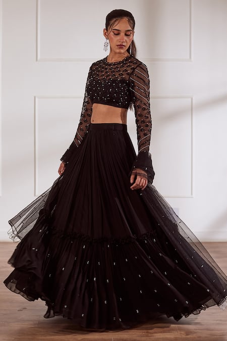 Sonal Pasrija Black Georgette, Net Pearls Round Neck Embroidered Blouse Tiered Lehenga Set Online at Aza Fashions Sonal Pasrija_Black Georgette, Net Pearls Round Neck Embroidered Blouse Tiered Lehenga Set _Online_at_Aza_Fashions