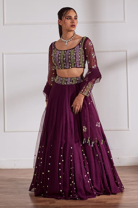 Sonal Pasrija_Wine Net, Georgette, Silk Pearls, Sequins Embroidered Godet Panelled Lehenga Set _Online_at_Aza_Fashions