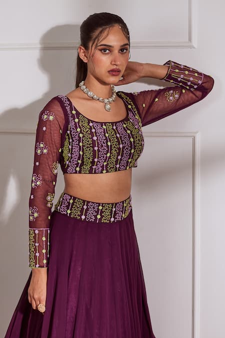 Buy_Sonal Pasrija_Wine Net, Georgette, Silk Pearls, Sequins Embroidered Godet Panelled Lehenga Set _Online_at_Aza_Fashions