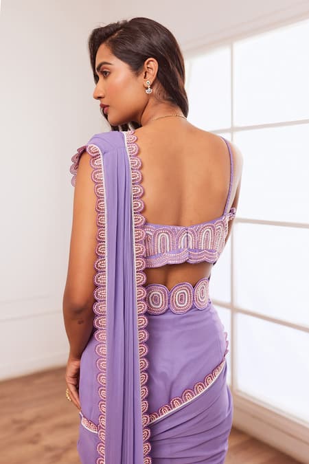 Shop Sonal Pasrija Purple Georgette, Organza, Silk Embroidery, Pre-draped Saree And Blouse Set at Aza Fashions Shop_Sonal Pasrija_Purple Georgette, Organza, Silk Embroidery, Pre-draped Saree And Blouse Set _at_Aza_Fashions