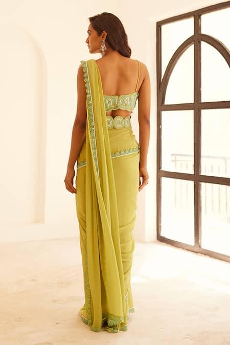 Shop Sonal Pasrija Green Georgette, Organza, Linen, Silk Embroidery, Pre-draped Saree And Blouse Set at Aza Fashions Shop_Sonal Pasrija_Green Georgette, Organza, Linen, Silk Embroidery, Pre-draped Saree And Blouse Set _at_Aza_Fashions