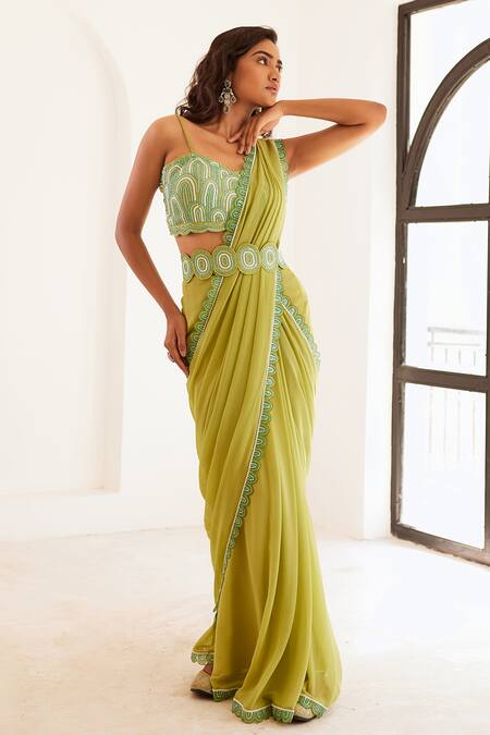 Sonal Pasrija Green Georgette, Organza, Linen, Silk Embroidery, Pre-draped Saree And Blouse Set Online at Aza Fashions Sonal Pasrija_Green Georgette, Organza, Linen, Silk Embroidery, Pre-draped Saree And Blouse Set _Online_at_Aza_Fashions