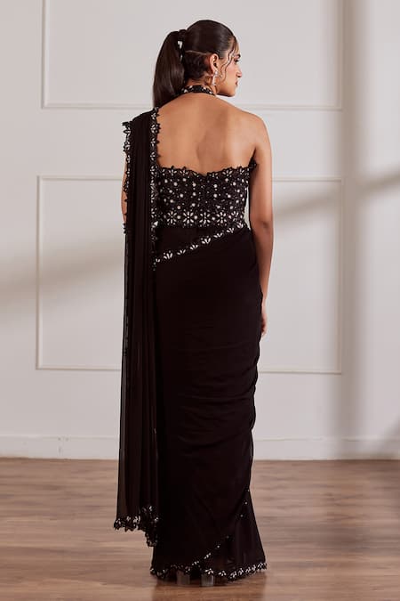 Shop Sonal Pasrija Black Georgette, Organza, Silk Pearls, Pre-draped Saree With Embroidered Blouse at Aza Fashions Shop_Sonal Pasrija_Black Georgette, Organza, Silk Pearls, Pre-draped Saree With Embroidered Blouse _at_Aza_Fashions